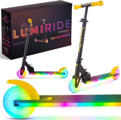 LUMI RIDE Kinderstep 2 wielen, Scooter voor kinderen vanaf 3 jaar, LED - 7 kleuren, 20 programmas - 3 niveaus stuurverstelling, voetrem, afneembare handvatten (Zwart en geel)