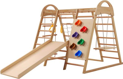 7-in-1-Multifunktions-Klettergerüst ,Massivholz, Sperrholz und Buchenholz. Schaukel, Kletterleiter, Kletterplattenrutsche, Ein Netz zum Klettern, Kletterstein aus Kunststoff. Ringe. Kann als Zelthaus.