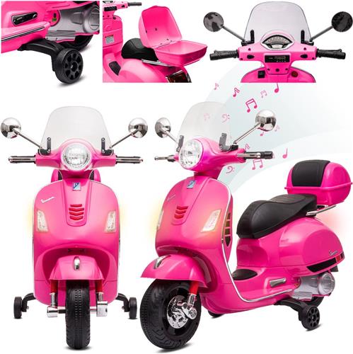 Vespa Elektrische motorfiets, kindermotorfiets met plastic wielen en stoel, kofferbak, MP3-speler, USD MicroSD AUX-aansluiting (Fuchsia)
