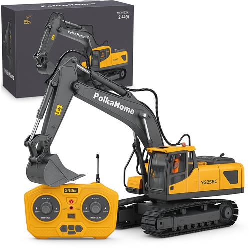 PolkaHome Op Afstand Bestuurde Graafmachine, RC Bouwplaatsvoertuig, Geel, Ca. 40 cm, Met Geluid en Licht, 680 Graden Rotatie, Educatief Speelgoed voor Kinderen vanaf 3 Jaar