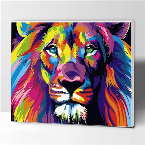 JGS ® Creatieve Schilderen op Nummer Set voor Kinderen en Volwassenen met Lijst, Kleurrijke Leeuw Canvas