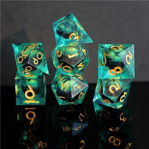 Dice tray Floating Green Leather Dragon Eye Resin Sharp Edge Dice Set - 7 Piece Handmade D&D Dice for Multifaceted Dungeons and Dragons Ttrpg Pathfinder RPG DND Roleplaying dice tray