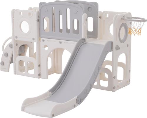 Merax 6-in-1 Speeltoestel voor Kinderen - Kinderglijbaan met Basketbal - Platforms - Opbergvakken en Boorspel - Grijs met Wit - HDPE - Inclusief Trap