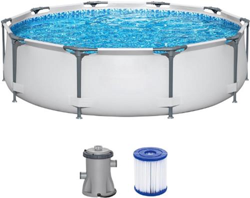 Steel-Pro-Max-Frame-Zwembadset-Met-Filterpomp - Rond-Buitenbad-Ø-305X76-Cm-Lichtgrijs - Sterk-Metalen-Frame-Zwembad-Voor-Tuin-En-Gezin - Compleet-Zomerzwembad