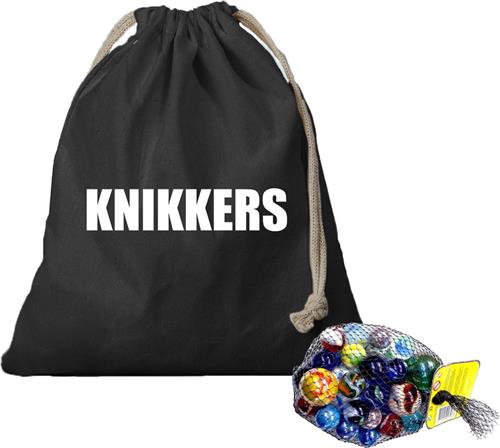 Canvas knikker opbergzakje zwart bedrukt met Knikkers en 1 kilo knikkers en bonken - Knikkerspel