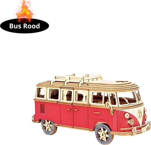 Livano Bouwpakket Hout - Kinderen - Volwassenen - Bouwpakketten Volwassenen - Boot - Houten Puzzel - 3D - Bus - Rood