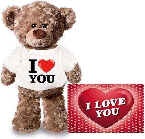 Knuffel teddybeer I love you 24 cm met Valentijnskaart A5 - Valentijn/ romantisch cadeau