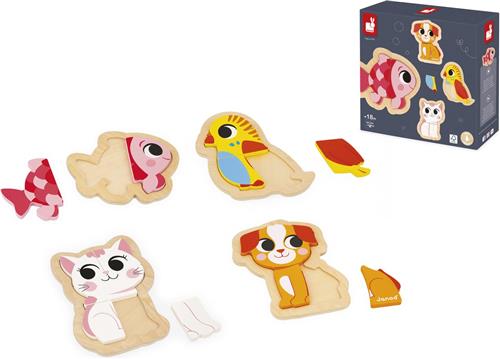 Janod - Puzzel Huisdieren - Houten Puzzelset Met 4 Puzzels, Variërend Van 2 Tot 5 Stukjes - Perfect Voor Het Ontwikkelen Van De Fijne Motoriek En Coördinatie! - Geschikt Vanaf 18 Maanden