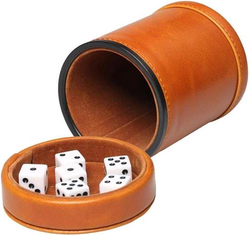 Dice tray Kunstleer Dobbelbeker met Deksel - 6 Dobbels - Fluwelen interieur - Rustig schudden - Boerderij Yahtzee - Board Games - Bruin dice tray