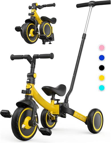 Peuter Driewieler 7-in-1 met Handvat voor 1-5 Jaar - Vouwbare Wielen - Peuterfiets met Wiel Koppeling - Grotere Wielen - Verwijderbare Pedalen - Verstelbaar Zadel - Geel