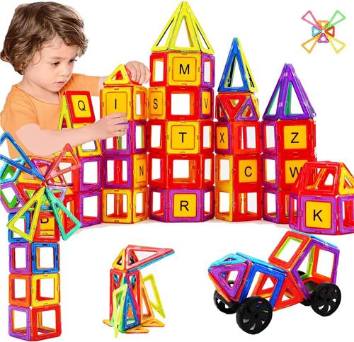 Magnetisch Bouwstenen Speelgoed Set  124-delig  Educatieve Magnetische Tegels  Bouwblokken voor Kinderen  Inclusief Wielen, Cijferkaarten en Reuzenrad  Creatieve Constructies  STEM Speelgoed  Kleurrijke Magneten  Vanaf 3 Jaar