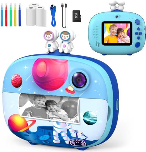 Kindercamera - Instant Digitale Camera met 1080p, 2,4 inch Scherm, 10x Digitale Zoom, 32GB Kaart, 3 Rollen Printpapier, 5 Gekleurde Pennen - Het Perfecte Kerstcadeau voor Kinderen van 3-14 Jaar!"