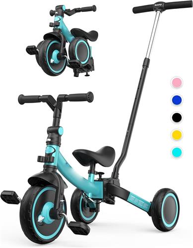 7-in-1 Peuterdriewieler met Stuurhendel voor 1-5 Jaar - Vouwbare Wielen - Kinderfiets met Wielkoppeling - Grotere Wielen - Verwijderbare Pedalen - Verstelbare Zitting - Groene Peutertricycle