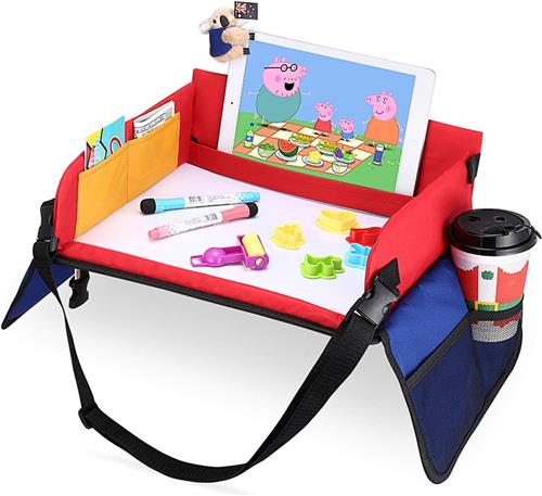 Knieblad voor Kinderen - Speeltafel met Uitschrijfbaar Tekenbord en 6 Kleurrijke Potloden - Speeltafel voor Spelen en Dineren - Autostoeltafel voor Buggy's, Kinderwagens, Auto's en Vliegtuigen