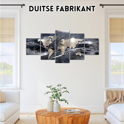 Poster - 5-Delige XXL Schilderijen Wereldkaart - Muurdecoratie van 200 x 100 cm in Stijlvol Grijs Design