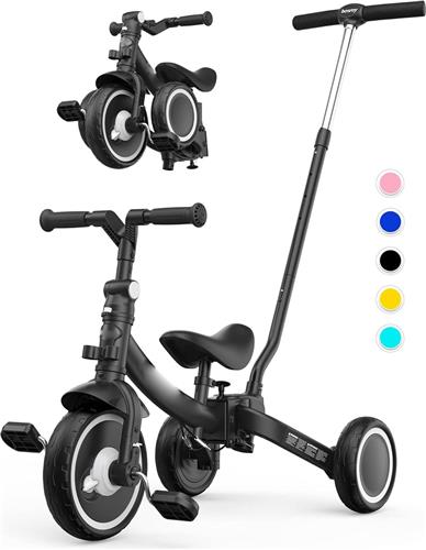 7-in-1 Peuter Trike met Duwstang - Geschikt voor 1-5 Jaar - Vouwbare Wielen - Peuterfiets met Koppeling - Grote Wielen - Verwijderbare Pedalen - Verstelbare Zitting - Zwart