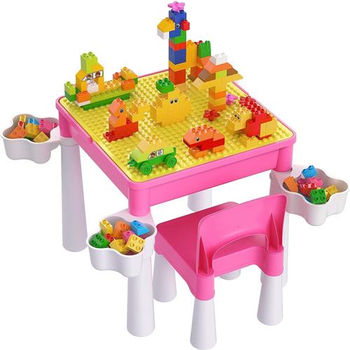 Peuter Tafel en Stoel Set - Plastic Activiteitstafel voor Kinderen met Stoel - 128 Stuks Grote Creatieve Bouwstenen - Geschikt voor Meisjes vanaf 2 Jaar - Roze