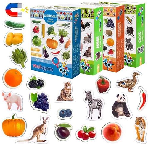 4 Sets Farm Zoo Animals Fruits Vegetables Fridge Magnets - Educational Learning Toy for Toddlers - 85 Pieces - Ideal Gift for 3 Year Old Boy - Kitchen Magnet - Birthday and Christmas Set