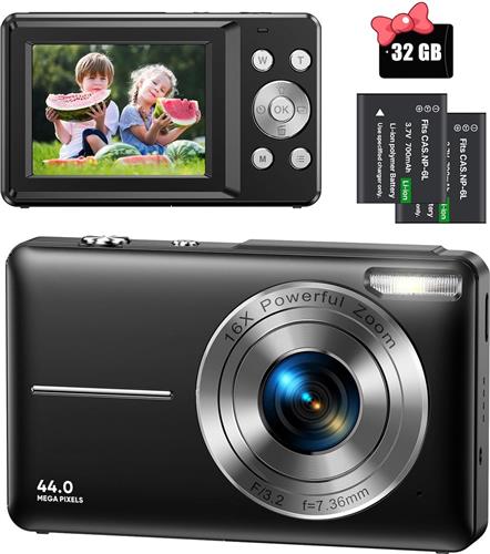 Digitale Camera 44MP 1080P FHD Foto Camera - Compacte Camera met 16X Digitale Zoom - Fotoapparaat met 32GB Geheugenkaart - Digitale Camera voor Kinderen, Tieners, Beginners - Zwart