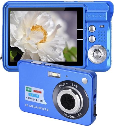Digitale Camera voor Tieners - 4K 48MP Ultra HD Compact Camera - 2.7" LCD Scherm - Oplaadbare Camera met 8x Digitale Zoom - Mini Vlog Camera voor Studenten - Blauw