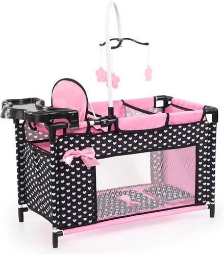 Poppenbed met Kinderstoel en Kastcompartiment - Meerdere Speelmogelijkheden in Zwart en Roze