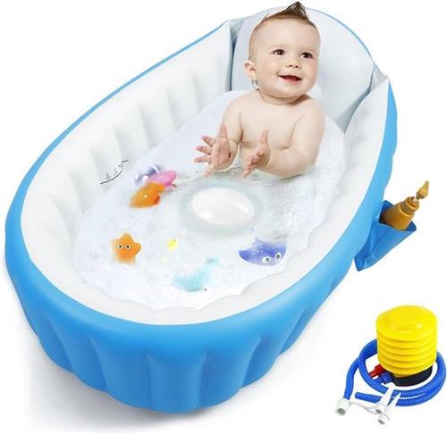 Peuter zwembad met glijbaan Opblaasbare babybadkuip draagbare reisbabybadkuip voor baby's luchtpomp opvouwbaar antislip douchebak mini-luchtzwembad voor pasgeborenen blauw Peuter zwembad met glijbaan