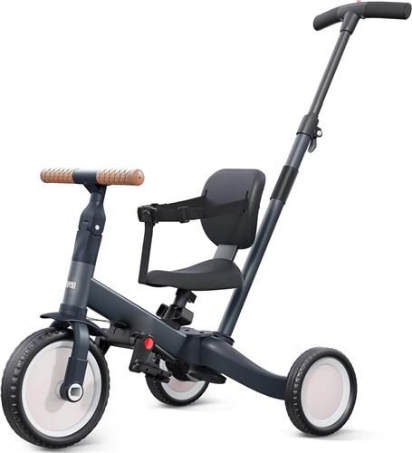 3-in-1 Driewieler voor Kinderen van 1-3 Jaar - Balansfiets met Duwstang - Verwijderbare Pedalen - Verstelbare Zitting - Donkergrijs