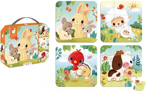 Janod - Puzzel - 4 Boerderij Puzzels - 6, 9, 12 En 16 Stukjes - Geschikt Vanaf 2 Jaar