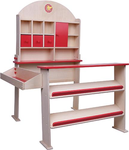 Houten winkel met klok rood