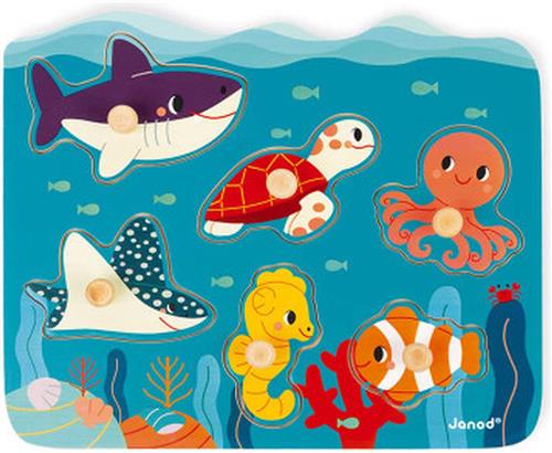Janod WWF - Knoppuzzel Oceaan - Houten Puzzel Met 6 Stukjes - De Houten Pinnen Op Elk Stuk Maken Het Makkelijk Om Deze Vast Te Pakken - Geschikt Vanaf 18 Maanden