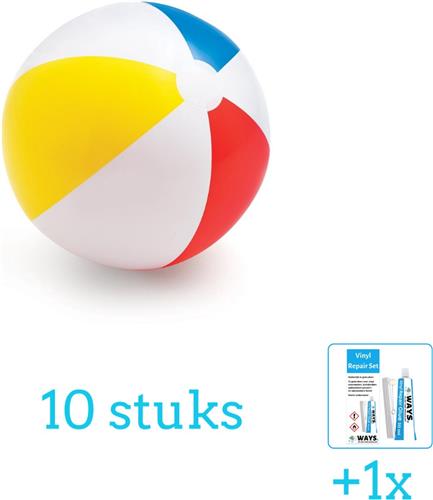 Intex Opblaasbare Strandbal Glossy - Medium - 51 cm - 59020NP - Diameter 51 cm - 10 stuks - Voordeelverpakking - Inclusief WAYS Reparatiesetje (1 stuks)