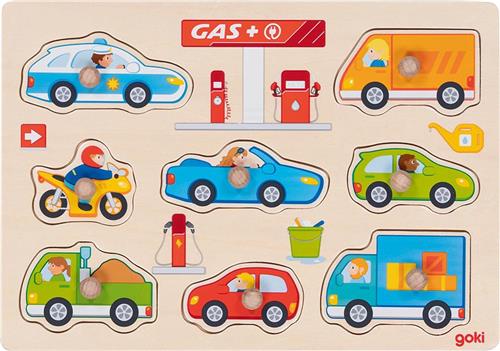 Goki Houten Noppenpuzzel Bezinestation, 8st.