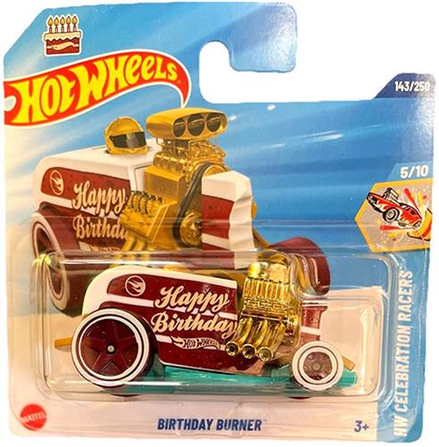 HOT WHEELS HAPPY BIRTH DAY BURNER RED GOLD 143/250 HW CELEBRATION RACERS 5/10 SHORT CART 1:64