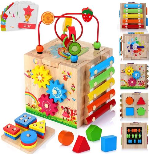 Motoriek Kubus Speelgoed - 8-in-1 Activiteitenkubus - Stapel- en Sorteerborden - Educatieve Kaarten - Montessori Speelgoed - Motorische Ontwikkeling - Geschikt vanaf 18 Maanden - Perfect Cadeau voor Kinderen