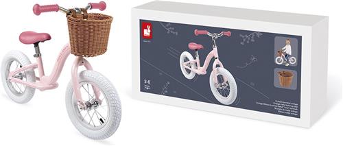 Janod Bikloon - Vintage Metaal Roze Loopfiets - Klassieke Loopfiets Van Metaal Met Opblaasbare Banden - Inclusief Leuke Mand (Imitatierotan) Die Eenvoudig Aan Het Stuur Kan Worden Vastgemaakt - Geschikt Vanaf 3 Jaar