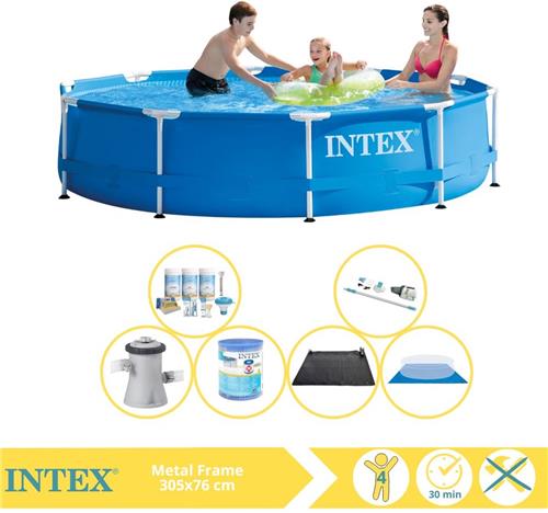 Intex Metal Frame Zwembad - Opzetzwembad - 305x76 cm - Inclusief Onderhoudspakket, Filter, Grondzeil, Stofzuiger en Solar Mat
