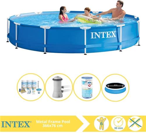 Intex Metal Frame Zwembad - Opzetzwembad - 366x76 cm - Inclusief Solarzeil Pro, Onderhoudspakket, Zwembadpomp en Filter