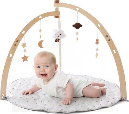 JGS® - Natuurhouten Baby Speelboog Set met Speeldeken en Geïntegreerd Speelgoed-