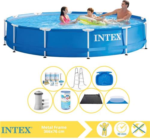 Intex Metal Frame Zwembad - Opzetzwembad - 366x76 cm - Inclusief Onderhoudspakket, Zwembadpomp, Filter, Grondzeil, Solar Mat, Trap en Voetenbad