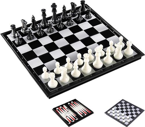 3-in-1 Schaakspel Set - Schaken, Dammen & Backgammon - Magnetisch Opvouwbaar Bord - Educatief Speelgoed Cadeau voor Kinderen en Volwassenen - 32x32 cm