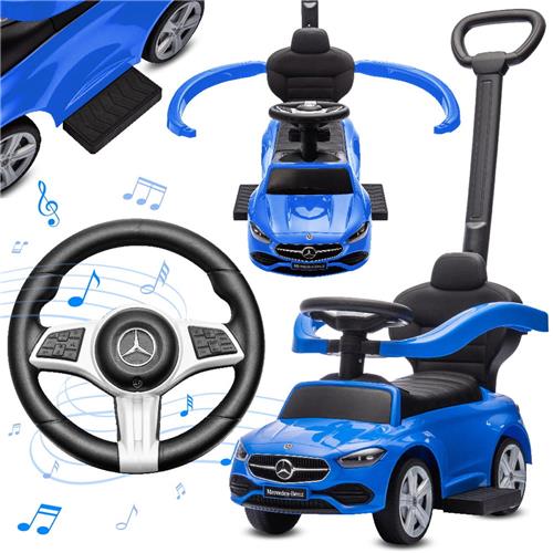 Mercedes C-Class Kindervoertuig 4in1, Loopauto met Claxon, Opbergruimte, Voetsteun, Duwstang, tot 2 jaar, max 27 kg, baby ride on (Blauw)