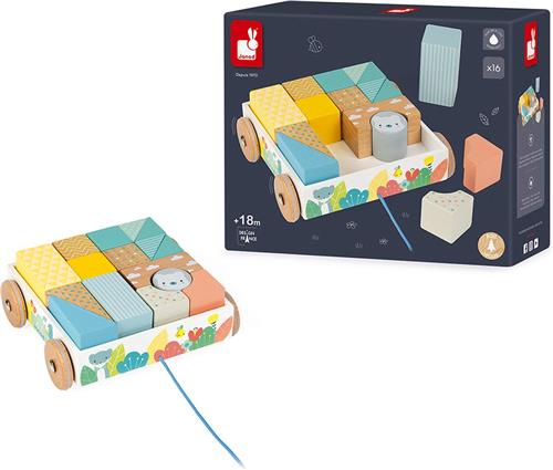 Janod Pure - Blokkenkar - Inclusief 16 Houten Blokken - Om De Motoriek Te Ontwikkelen - Geschikt Vanaf 18 Maanden