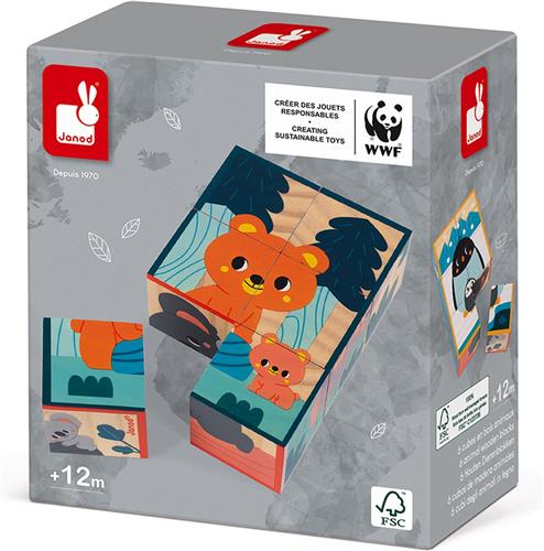 Janod WWF - Houten Blokpuzzel - Set Van 6 Kubussen Gemaakt Van Hout Met 6 Illustraties Van Dieren - Geschikt Vanaf 1 Jaar