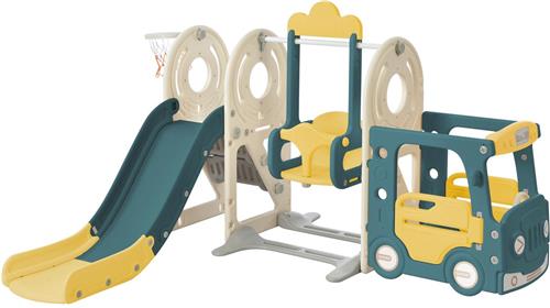 Merax 5-in-1 Speeltoestel voor Kinderen inclusief Glijbaan met Schommel - Bus - Basketbal en Trap - Speelplaats voor Binnen en Buiten - HDPE - Groen met Geel - 3 tot 8 Jaar