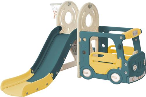 Merax 4-in-1 Kinderglijbaan met Bus en Basketbalring  Outdoor Speeltoestel voor Buiten met Klimladder  HDPE  Antique Green  Voor Kinderen 3-8 Jaar