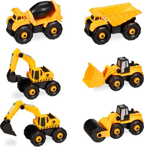 Relaxdays bouwvoertuigen speelgoed - 6-delige set - graafmachine speelgoed - auto