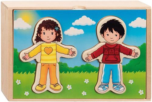 Goki Houten Aankleedpuzzel Jongen en Meisje in Houten Box, 36st.