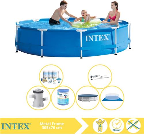Intex Metal Frame Zwembad - Opzetzwembad - 305x76 cm - Inclusief Afdekzeil, Onderhoudspakket, Filter, Grondzeil en Stofzuiger