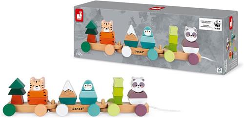 Janod WWF - De Dierentrein - Grote Meerkleurige Houten Trein Met Dieren - 2-In-1 Speelfiguur: Trekfiguur En Stapelspeelgoed - Lengte Van Het Touwtje: 50 Cm - Geschikt Vanaf 1 Jaar