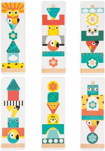 Janod Tropik - Spel Totem - Houten Stapelspel - Maak De Modellen Die Op De 6 Bedrukte Dubbelzijdige Kaarten Staan Na, Op De 3 Houten Palen Met Behulp Van De 52 Houten Elementen - Geschikt Vanaf 3 Jaar